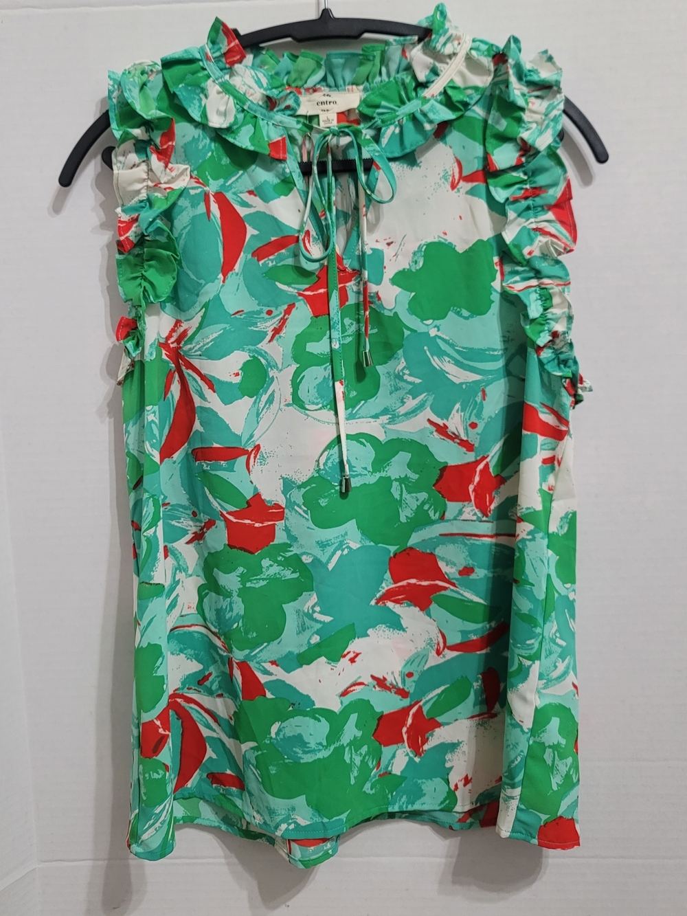 Green, White & Red Floral Ruffled Sleeveless Blouse